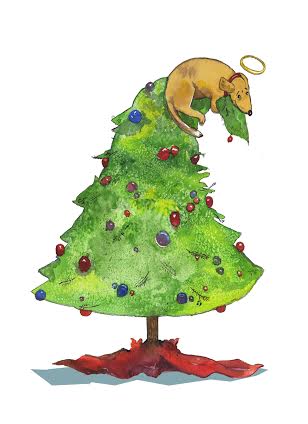 Dog on top of Christmas tree
